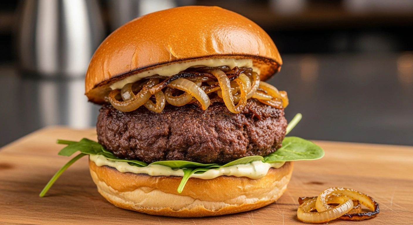 Burger Rendang with Caramelized Onion